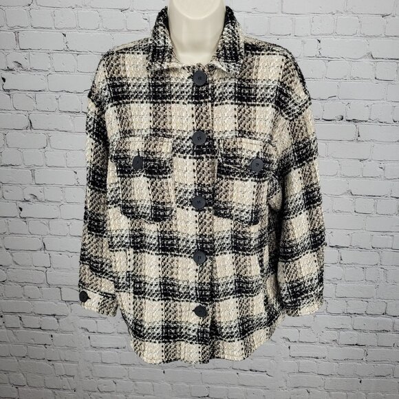 Zara Black Beige Check Buttoned Collared Unlined Shacket Jacket XS - Picture 1 of 11
